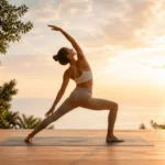 Woman practicing flowing yoga pose at sunrise in a calm natural setting